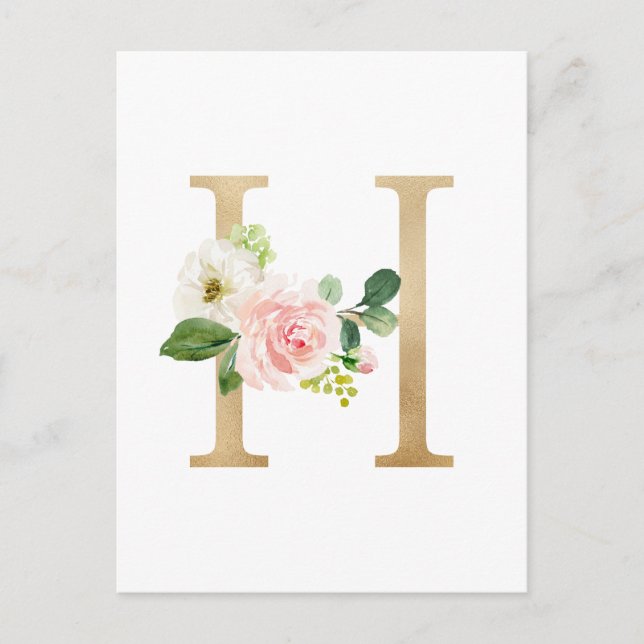 Faux Gold Foil Letter H Blush Floral Monogram Postcard (Front)