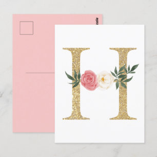 Faux Gold Foil Letter H Blush Floral Monogram Postcard