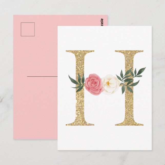 Faux Gold Foil Letter H Blush Floral Monogram Postcard (Front/Back)