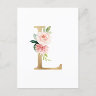 Faux Gold Foil Letter L Blush Floral Monogram Postcard