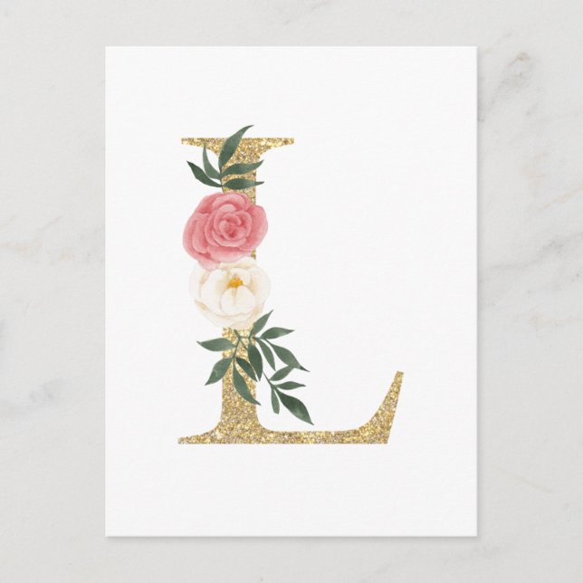 Faux Gold Foil Letter L Blush Floral Monogram Postcard (Front)