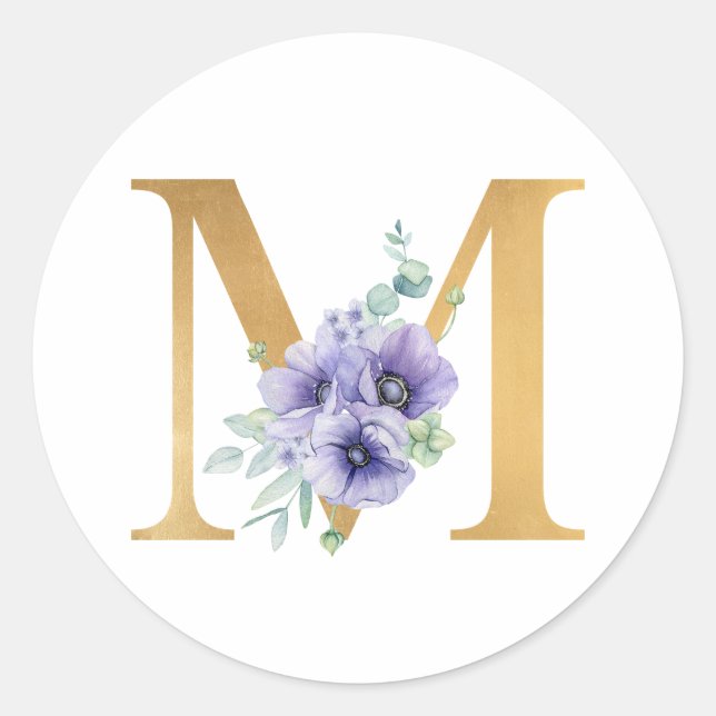 Faux Gold Foil Letter M Violet Floral Monogram Classic Round Sticker (Front)