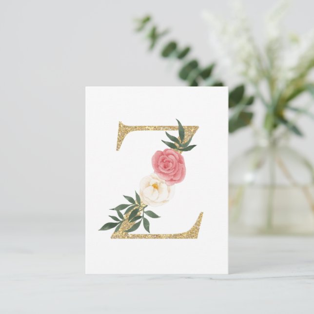 Faux Gold Foil Letter Z Blush Floral Monogram Postcard (Standing Front)