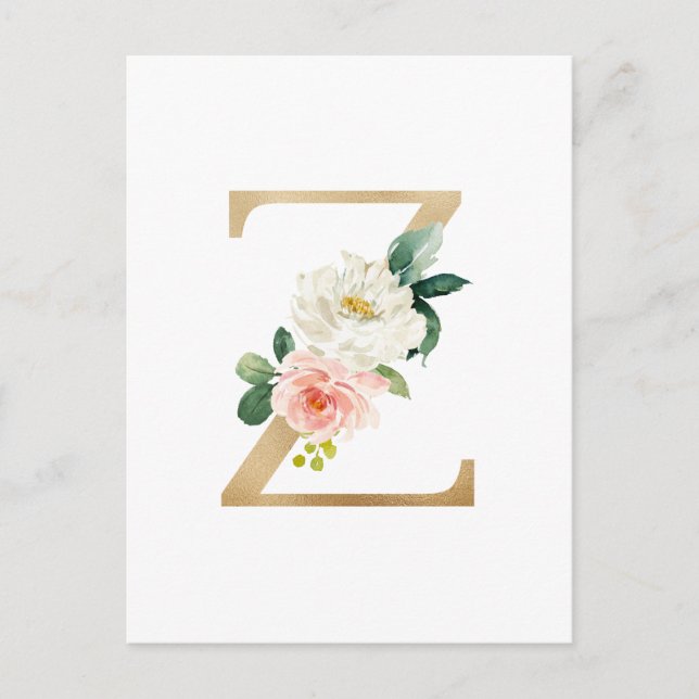 Faux Gold Foil Letter Z Blush Floral Monogram Postcard (Front)
