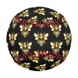 Faux Gold Foil Logo Bee Polygonal on Black Baseball