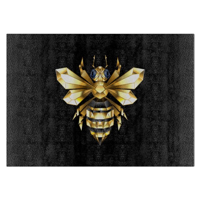 Faux Gold Foil Logo Bee Polygonal on Black Cutting Board (Front)