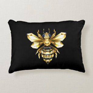 Faux Gold Foil Logo Bee Polygonal on Black Decorative Cushion