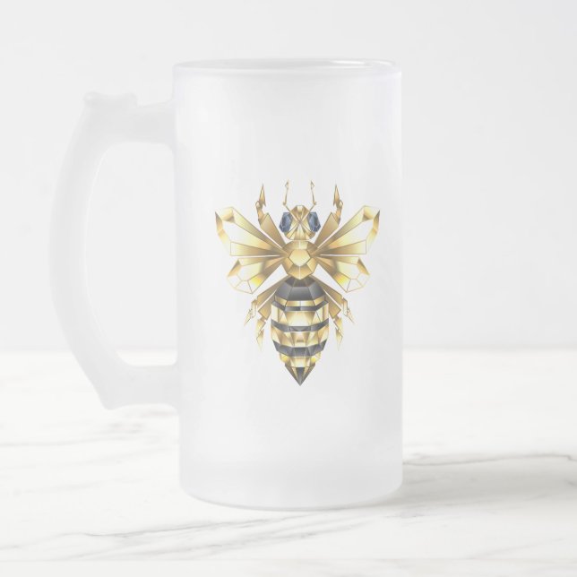 Faux Gold Foil Logo Bee Polygonal on Black Frosted Glass Beer Mug (Left)