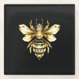Faux Gold Foil Logo Bee Polygonal on Black Glass Coaster