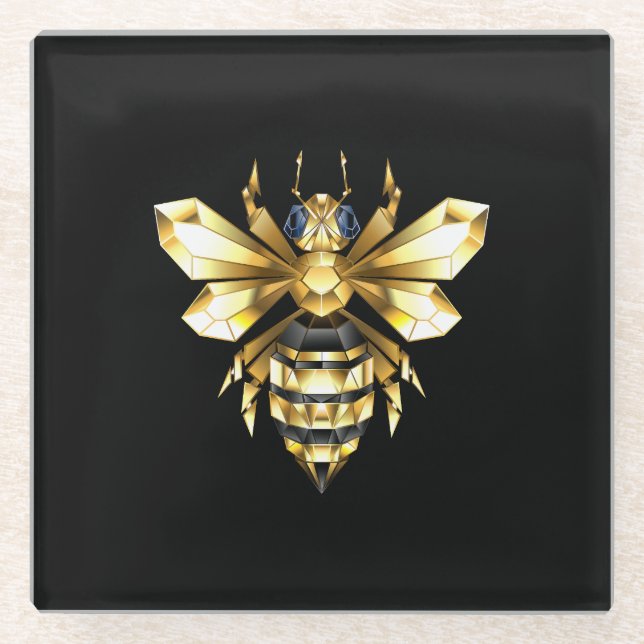 Faux Gold Foil Logo Bee Polygonal on Black Glass Coaster (Front)