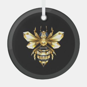 Faux Gold Foil Logo Bee Polygonal on Black Glass Tree Decoration