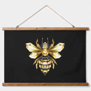 Faux Gold Foil Logo Bee Polygonal on Black Hanging Tapestry
