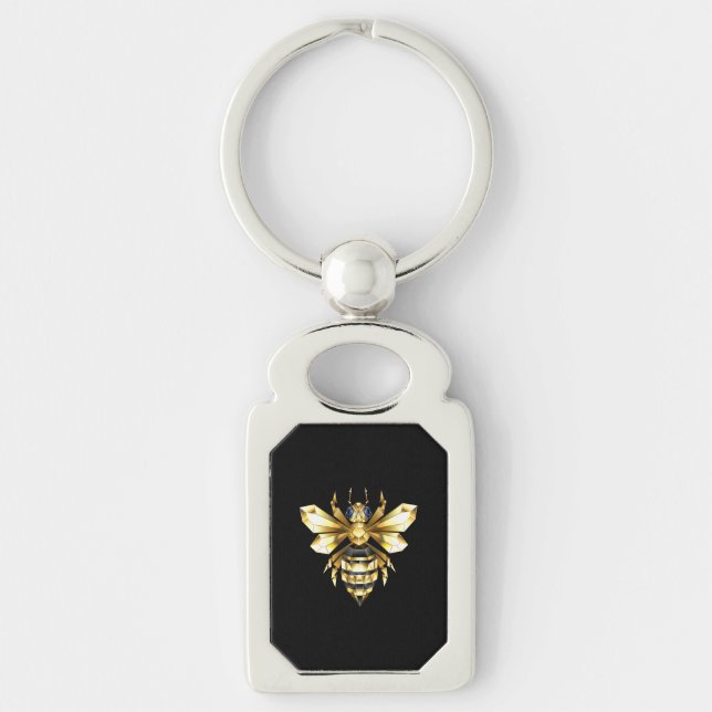 Faux Gold Foil Logo Bee Polygonal on Black Key Ring (Front)