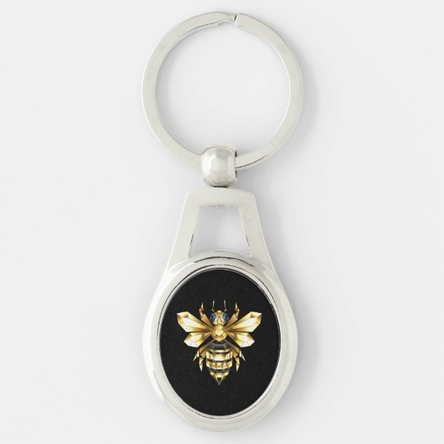 Faux Gold Foil Logo Bee Polygonal on Black Key Ring (Front)