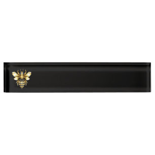 Faux Gold Foil Logo Bee Polygonal on Black Nameplate