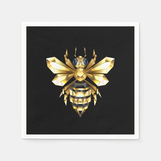 Faux Gold Foil Logo Bee Polygonal on Black Napkin (Front)