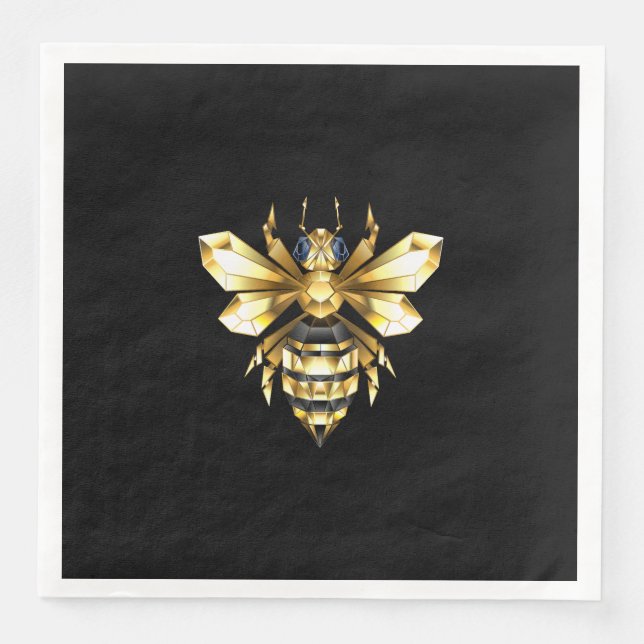 Faux Gold Foil Logo Bee Polygonal on Black Napkin (Front)