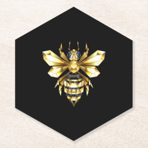 Faux Gold Foil Logo Bee Polygonal on Black Paper Coaster