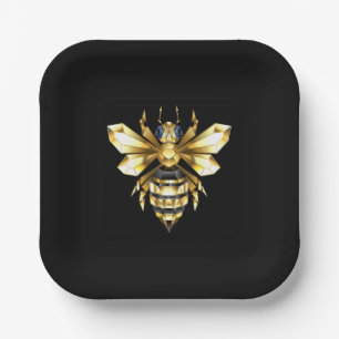 Faux Gold Foil Logo Bee Polygonal on Black Paper Plate