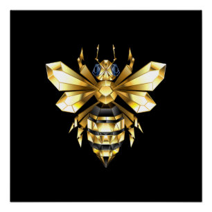Faux Gold Foil Logo Bee Polygonal on Black Poster