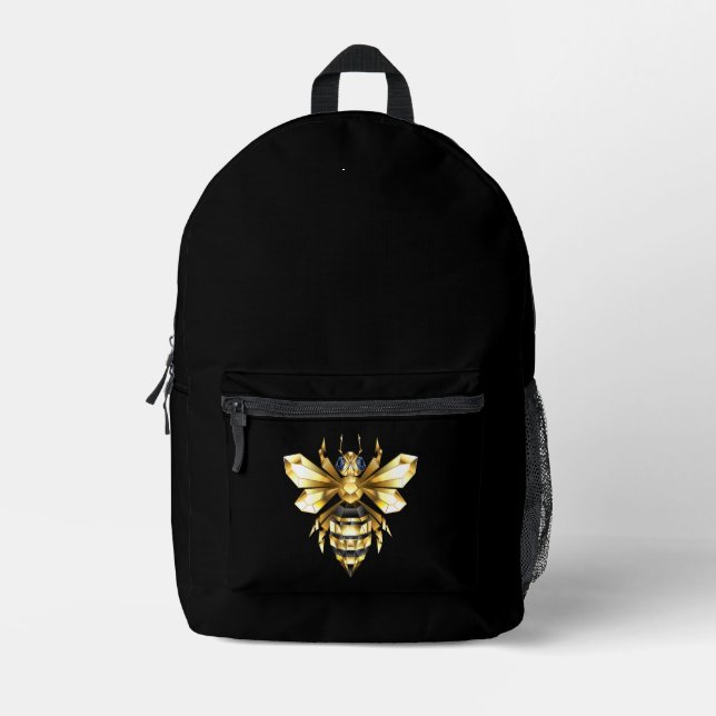 Faux Gold Foil Logo Bee Polygonal on Black Printed Backpack (Front)