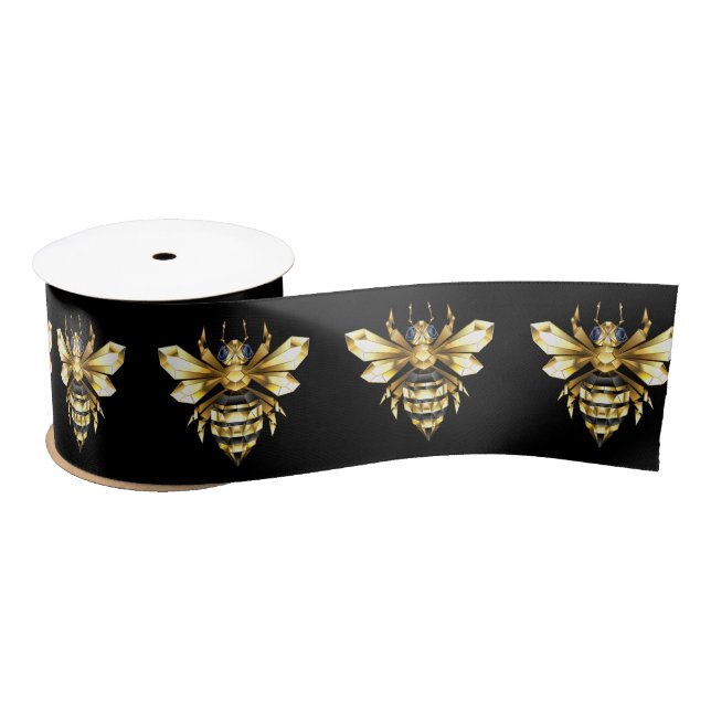 Faux Gold Foil Logo Bee Polygonal on Black Satin Ribbon (Spool)