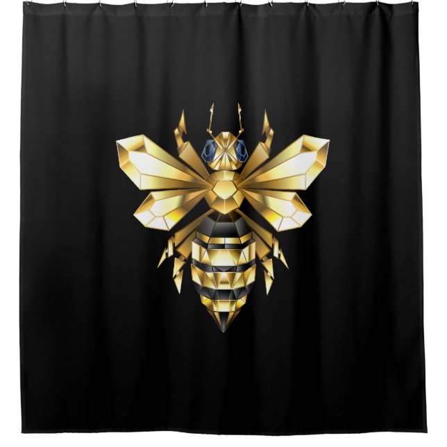 Faux Gold Foil Logo Bee Polygonal on Black Shower Curtain (Front)