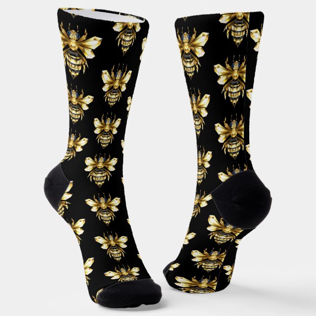 Faux Gold Foil Logo Bee Polygonal on Black Socks (Angled)