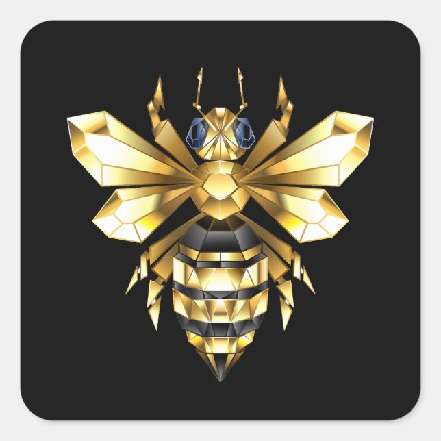 Faux Gold Foil Logo Bee Polygonal on Black Square Sticker (Front)