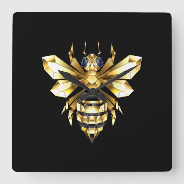 Faux Gold Foil Logo Bee Polygonal on Black Square Wall Clock (Front)