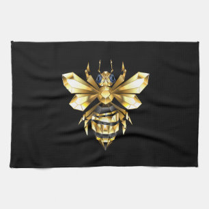 Faux Gold Foil Logo Bee Polygonal on Black Tea Towel