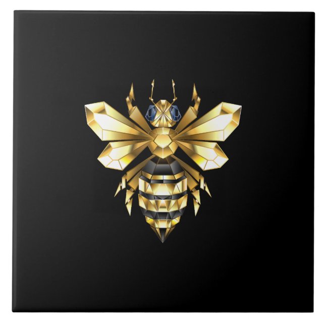 Faux Gold Foil Logo Bee Polygonal on Black Tile (Front)