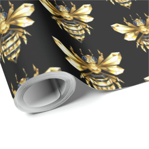 Faux Gold Foil Logo Bee Polygonal on Black Wrapping Paper