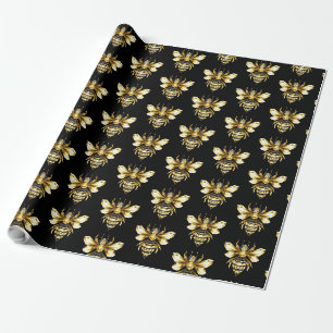 Faux Gold Foil Logo Bee Polygonal on Black Wrapping Paper
