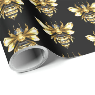 Faux Gold Foil Logo Bee Polygonal on Black Wrapping Paper