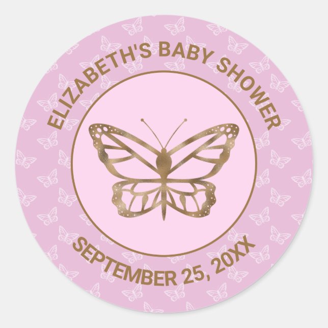 Faux Gold Foil Look Butterfly - Purple Baby Shower Classic Round Sticker (Front)