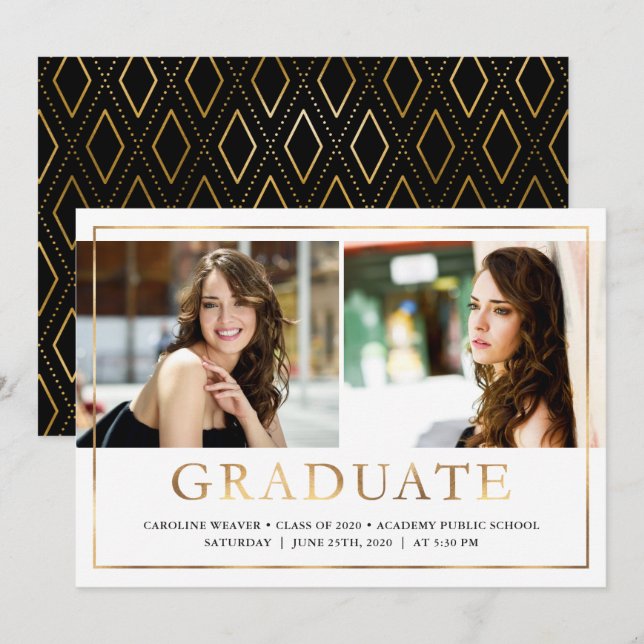 Faux Gold Foil Look Photo Graduation Open House Announcement (Front/Back)