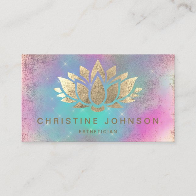 faux gold foil lotus flower on purple cloud business card (Front)