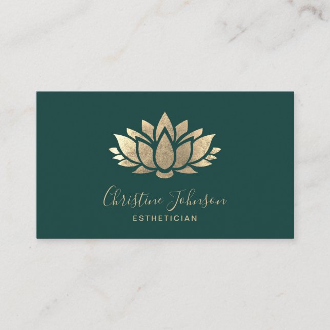 faux gold foil lotus logo on dark green business card (Front)