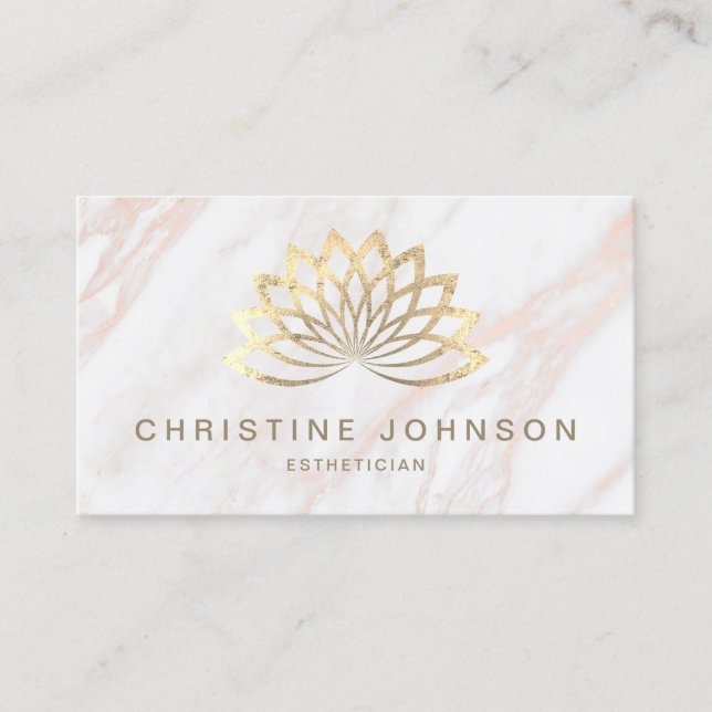 faux gold foil lotus logo on pink marble business card (Front)