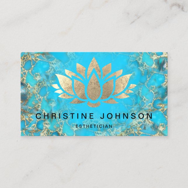 faux gold foil lotus logo un turquoise texture business card (Front)