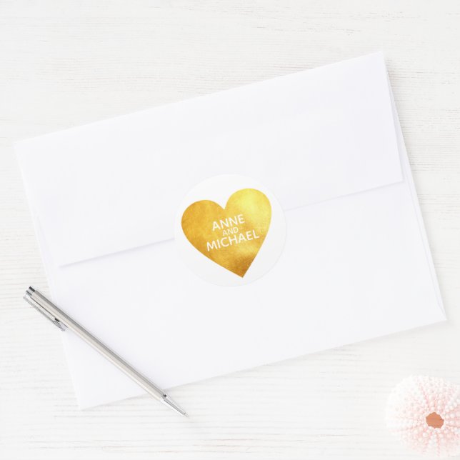 Faux Gold foil Love Heart with bride groom names  Classic Round Sticker (Envelope)