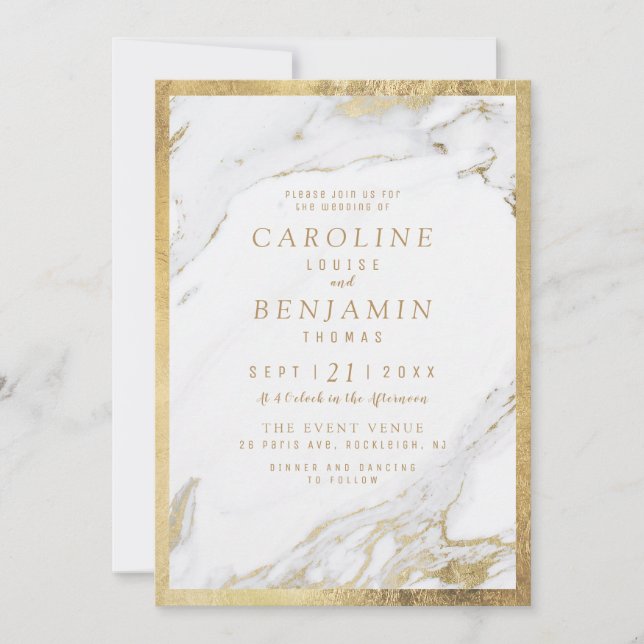 Faux gold foil marble luxury modern wedding invitation (Front)