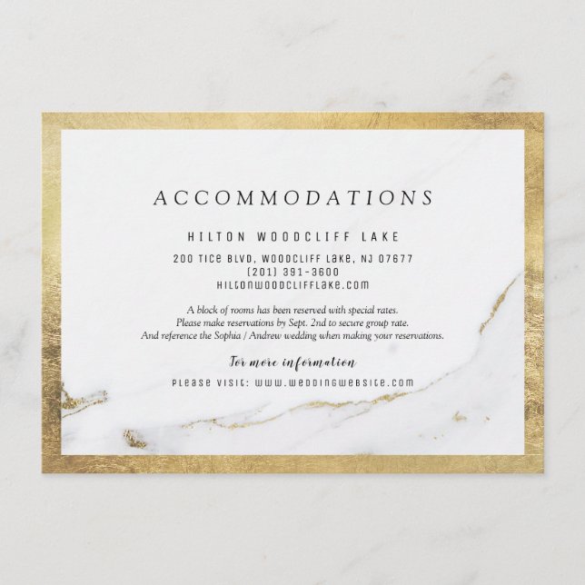Faux gold foil marble modern wedding accommodation enclosure card (Front)