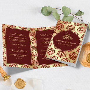 Faux Gold Foil Maroon Red Damask Muslim Wedding Invitation