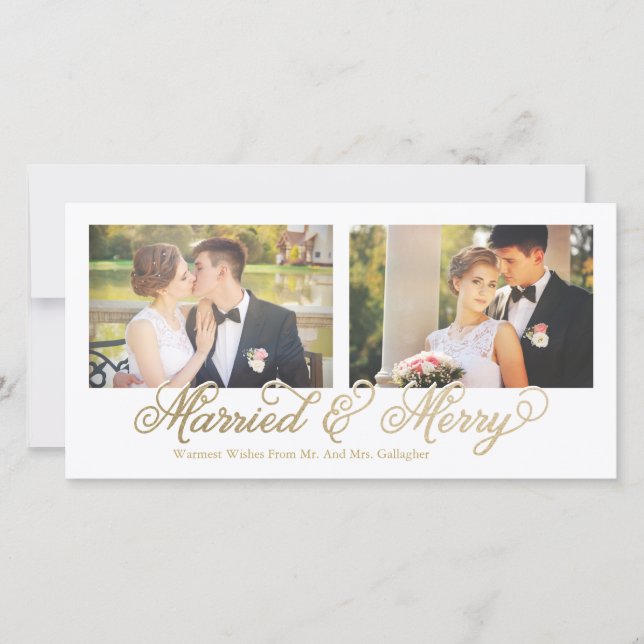 Faux Gold Foil Married & Merry 2-Photo Holiday Card (Front)