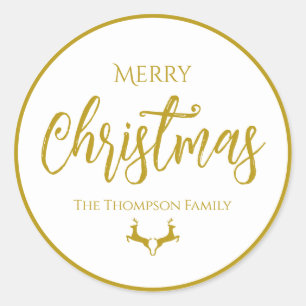 Faux-Gold Foil Merry Christmas  Family Name  Classic Round Sticker