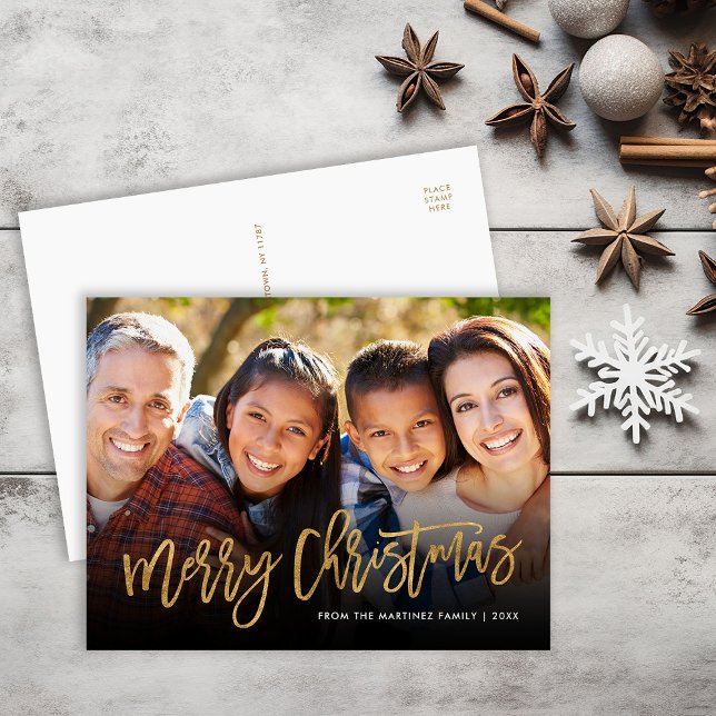 Faux Gold Foil Merry Christmas Photo Overlay Holiday Postcard (Creator Uploaded)