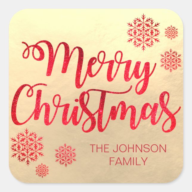 Faux Gold foil Merry Christmas Red Snowflakes Square Sticker (Front)