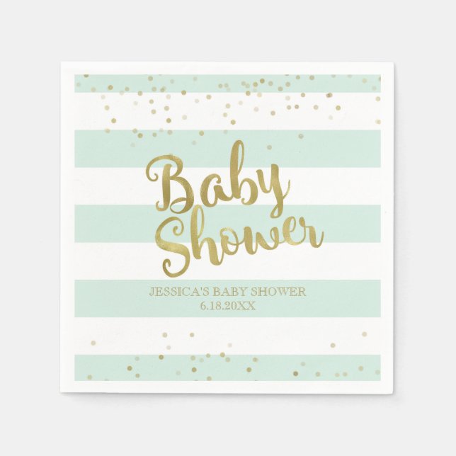 Faux Gold Foil Mint Green Stripes Baby Shower Napkin (Front)